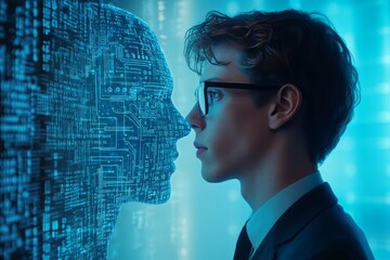 Wall Mural - futuristic profile image of an ai engineer with circuit board and binary code background