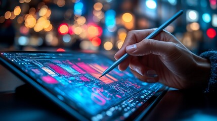 Hand Using Stylus on Tablet Displaying Data