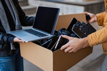 Wall Mural - two individuals exchanging old electronics laptop, cardboard box with gadgets in neutral setting