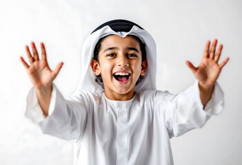 joyful emirati boy in traditional thobe, welcoming gesture, cheerful portrait. arabic kid wearing a 