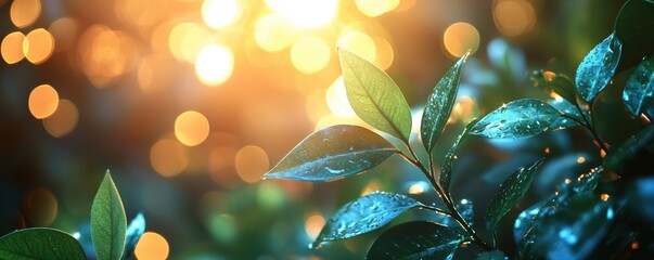 Wall Mural - Close-up of Dew-Covered Green Leaves with Sunlit Bokeh Background in a Lush Natural Setting Creating a Serene and Tranquil Atmosphere