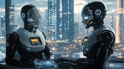 Wall Mural - futuristic robots interacting in cityscape ambiance futuristic robotics, technology advancement, art