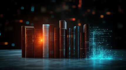 Fototapete - Digital Transformation of Knowledge: Traditional Books Merging with Futuristic Data Streams in a Conceptual Representation of Learning and Information Evolution