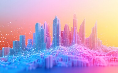 Wall Mural - Futuristic Cityscape: A Digital Metropolis Rising from a Vibrant, Data-Driven Landscape