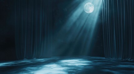 Wall Mural - Moonlit stage with dark blue curtains and misty floor.