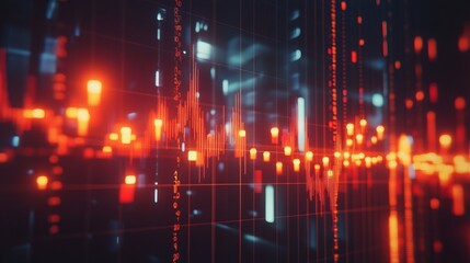 bright red and orange data visualizations pulse and flow across a dark background, creating an abstr