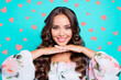 © deagreez - Close up portrait of beautiful, attractive, pretty, dreamy, charming person in light white summer wear isolated on bright turquoise background hold hands under chin make big toothy smile