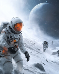 Wall Mural - astronauts on a moon under a giant planet