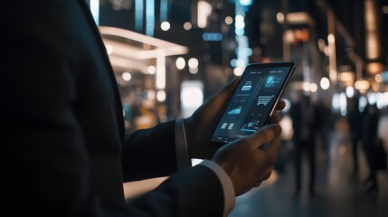 Man in Suit Uses Tablet Showing Secure Online Shopping Interface