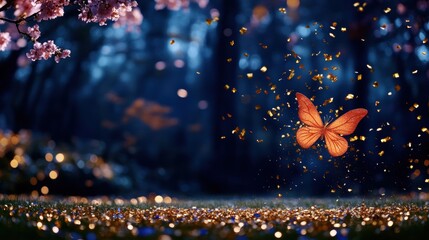 Wall Mural - Enchanting Orange Butterfly in Magical Forest with Golden Confetti