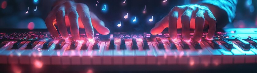 Wall Mural - Keyboard player performing with glowing holographic notes floating above, vibrant concert lighting, sharp focus on hands and keys, dynamic and energetic