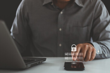Aufkleber - Young businessman using fingerprint digital authentication on a smartphone device. Multiple factor authentication is used to protect account data for internet data security concept. Cybersecurity tech