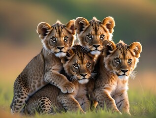 
Adorable trio of lion cubs cuddling in the wild, showcasing their captivating expressions, intricate fur patterns, and playful bond against a blurred natural background, highlighting African wildlife