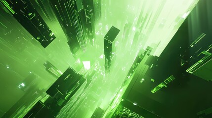 Wall Mural - Futuristic green city, digital landscape, glowing skyscrapers, abstract architecture.