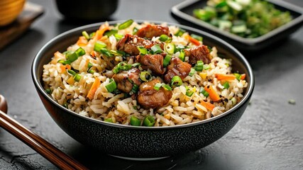 Poster - Delicious bowl of fried rice with vegetables, grilled meat, and green onions for Asian cuisine