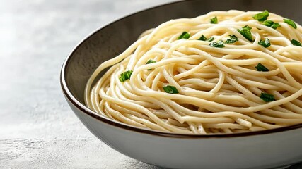 Poster - Delicious cooked pasta and noodles in bowl with fresh herbs, perfect food for any meal.