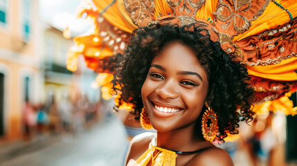 Vibrant Brazilian carnival parade  smiling woman in colorful headdress with blurred background