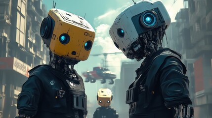 Wall Mural - futuristic city scene with humanoid robots in urban street setting, digital illustration of robot te