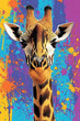 © Noufaldi - A vibrant illustration of a giraffe against a colorful abstract background.