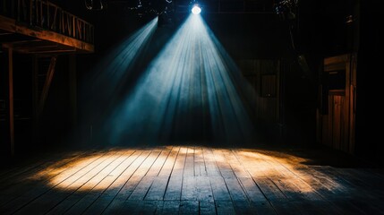 Wall Mural - A dimly lit stage with beams of light creating an atmospheric setting for performance.