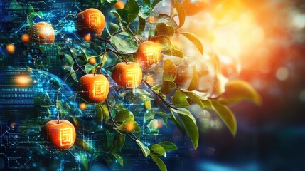 Digital apples growing on a tree branch, futuristic technology concept.
