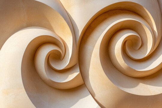 A close-up of the intricate detailing of ionic volutes, with shadows accentuating their spiral patterns