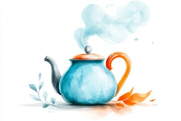 Aufkleber - A colorful 2D illustration of an iron kettle steaming on a rustic stove, set against a clean white background