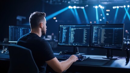 Wall Mural - focused programmer working on multiple screens in a high-tech environment with dramatic lighting eff