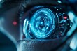 © Thanyarat - A futuristic close-up of a glowing cybernetic eye, with a neon blue iris surrounded by high-tech components