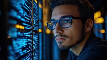 Focused young man examines code on screen. Wears glasses, looks intensely at digital display. Background blurred with screens. Concentration high. Website optimization process. Full stack developer