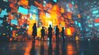 © ari - Silhouetted business team viewing vibrant digital data wall.