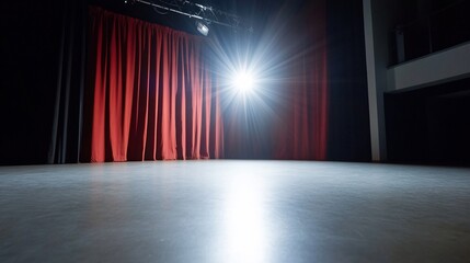 Canvas Print - A spotlight illuminates an empty stage with red curtains in the background.