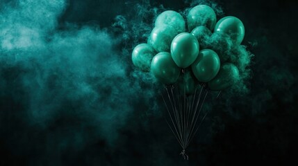 Wall Mural - Discover the enchanting beauty of festive green helium balloons swaying in the air, enhancing the party atmosphere These vibrant emerald balloons create a whimsical spectacle against a dark, smoky