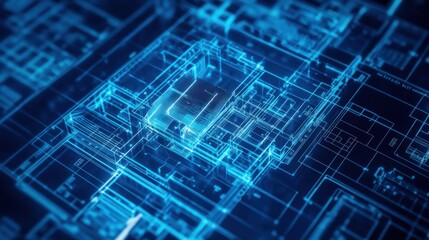 Abstract Digital Circuitry Blueprint: Glowing Blue Network of Integrated Technology