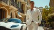 © Lui Shtein - Young caucasian male in elegant white suit posing by luxury car in urban setting