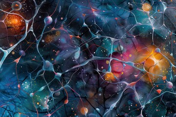 Fototapete - Exploration of abstract cosmic energy with glowing particles and vibrant light trails against a dark background
