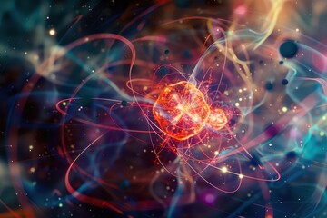 Leinwandbilder - Vibrant visualization of atomic structure showcasing electrons orbiting around a nucleus with a colorful cosmic background