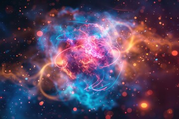 Leinwandbilder - Vibrant visualization of atomic structure showcasing electrons orbiting around a nucleus with a colorful cosmic background