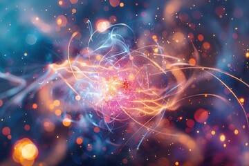 Leinwandbilder - Vibrant visualization of atomic structure showcasing electrons orbiting around a nucleus with a colorful cosmic background
