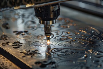 Aufkleber - Laser cutting process in an industrial workshop showcasing intricate designs on metal sheets during daylight hours
