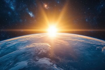 a breathtaking sunrise over earth seen from space, with a glowing sun casting a warm light on the pl