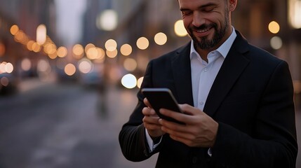 Close-up image of business man watching smart mobile phone device outdoors. Businessman networking typing an sms message in city street