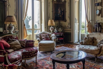Poster - Elegant living room interior with plush seating and large windows overlooking a serene landscape during daylight hours