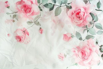 Poster - Elegant pink roses arranged on soft white fabric create a delicate and serene atmosphere for decoration or design purposes