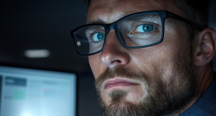 Focused programmer working late at night on a computer.