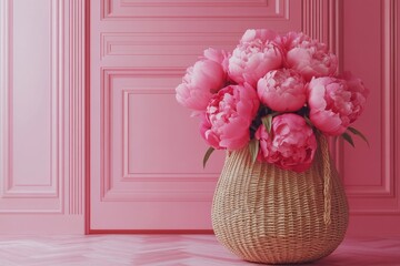 Wall Mural - Pink Peonies in a Wicker Basket Against a Pink Wall