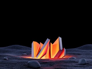 Wall Mural - Abstract glowing crystals in a dark landscape, illuminated by orange light creating an otherworldly scene