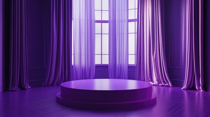 Wall Mural - A purple-lit stage with curtains, creating an elegant atmosphere for performances.