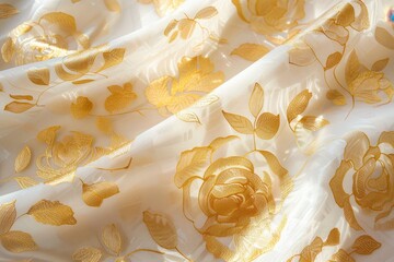Poster - Elegant golden rose patterned fabric draping softly across a surface, catching light beautifully in a well-lit setting
