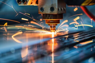 Aufkleber - Laser cutting process in a modern workshop creates intricate designs on metal sheets with vibrant sparks flying in every direction